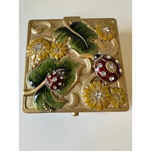 Goldtone Ladybug Bejeweled Trinket Box /Jewelry Box  4”X4”  3D Ladybugs & Leaves